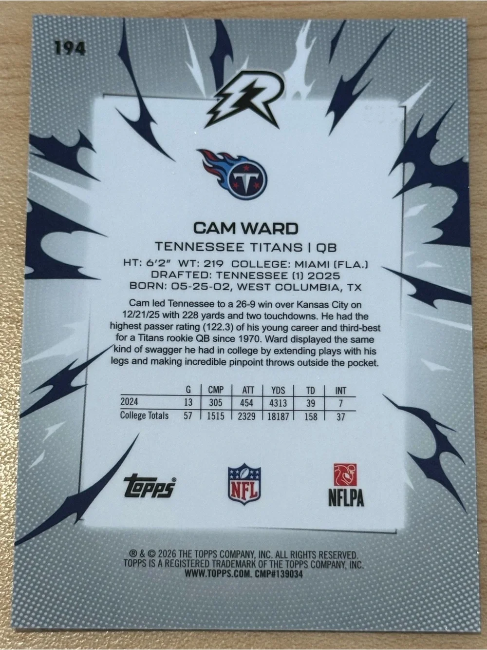 2026 Topps Resurgence Cam Ward RC card #titan #nfl /399
